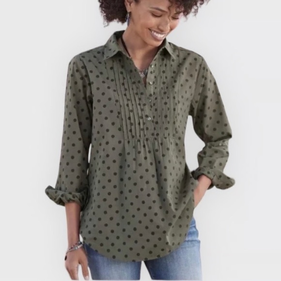 Sundance | Lively Days Army Green Polka Dot Tunic Blouse Feminine Cotton - Picture 1 of 7